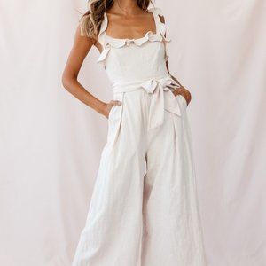 Kaia Ruffle Strap Wide-Leg Capri Jumpsuit Beige